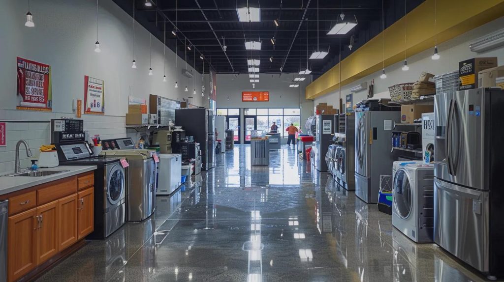 a clean, modern appliance repair shop in charlotte, bustling with technicians efficiently diagnosing and repairing various household appliances, illuminated by bright overhead lights and featuring a prominently displayed calendar of same-day service appointments.