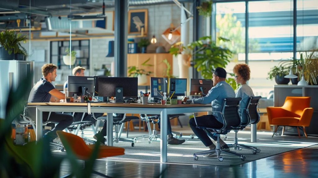 a modern office environment featuring a busy appliance repair team collaborating around a sleek conference table, with tools and equipment prominently displayed, highlighting professionalism and efficiency in service delivery.