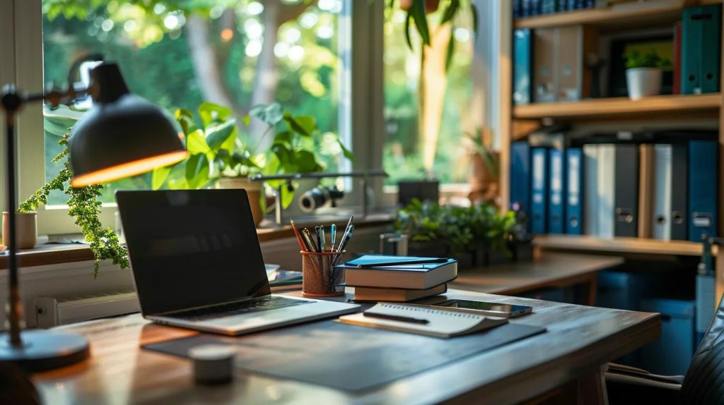 a well-organized home office with a laptop, repair manuals, and a notepad prominently displayed, conveying a sense of readiness and efficiency for scheduling appliance repair in an urban charlotte setting.